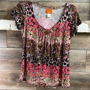 Hearts of Palm Ladies Scoop Neck Abstract Top, Size Small, Black,Pink, Beige